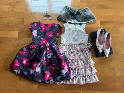 Girl party dresses (size: 6-9 years), party shoes, hair clips, View more