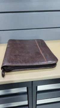 Brown leather portfolio, organizer binder with zippered enclose