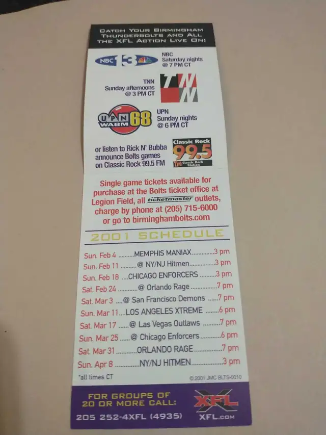 2001  XFL Birmingham Bolts pocket schedule defunct team in Arts & Collectibles in City of Toronto - Image 3