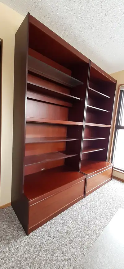 Set of 2 rosewood veneer shelf/drawer units, View more
