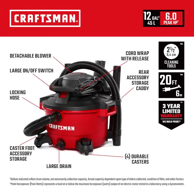CRAFTSMAN Vacuum Cleaner, 6 Horsepower