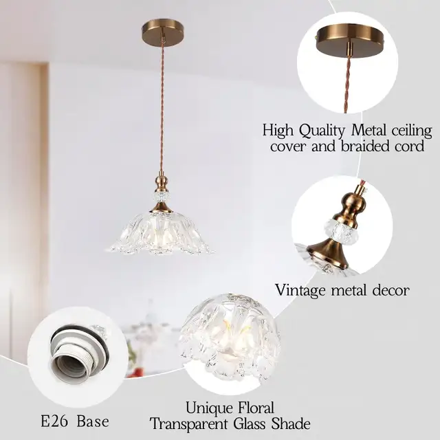 NZZDYI Brass Vintage Glass Pendant Light, 10.6 Gold Adjustable H in Indoor Lighting & Fans in Oshawa / Durham Region - Image 6