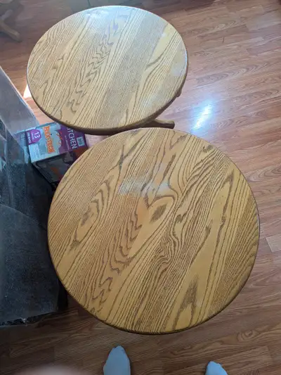 DIY/Set of 2 Round Blonde Oak Wood End Tables, View more