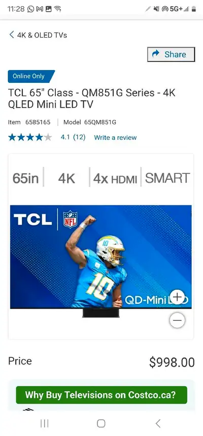 (2024) TCL 65" Class - QM851G Series - 4K QLED Mini LED TV, View more
