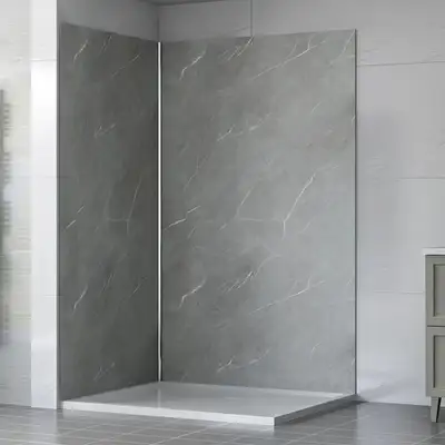 Murs de douche 34 po x 34 po a effet de marbre gris (Bain Dépôt). Neuf dans la boite. Changé d'idée...