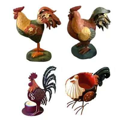 4 statuettes stylisées figurines thème coqs et poule, View more