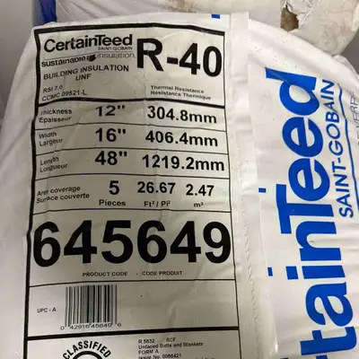 Delivery Available! NEW Certainteed R40x16” Thermal & Acoustic Building Insulation For sale! Additio...