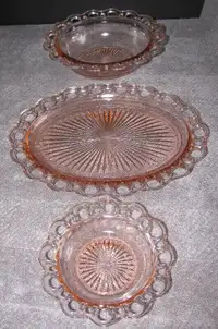 Pink Depression Glass Open Lace Edge Lg&Sm Bowls & Platter 3PC