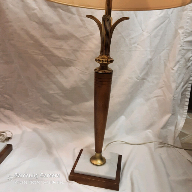 Beautiful Pair of MCM Teak 1960s Table Lamps, Denmark Tri-light in Indoor Lighting & Fans in Calgary - Image 3