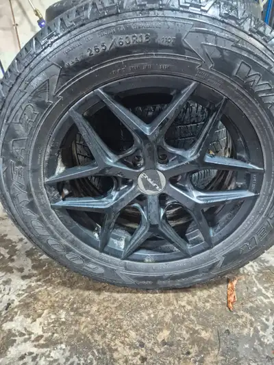 (4) GOODYEAR WRANGLERS 265/60R 18 ON (4) RUFFINO WHEELS C/W LUGNUTS, 2 3/8" BOLT PATTERN 2.5" CENTER...