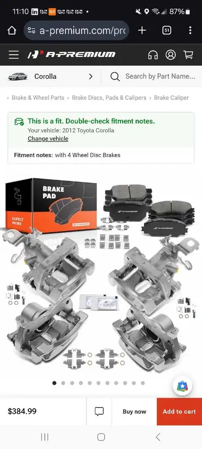 12-pc A-Premium Brake Caliper and Pad Kit Front & Rear APBC3574 Vehicle Fitment: • 2009-2010 Pontiac...
