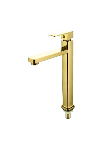 VESSEL SINK FAUCET GOLD FINISH, SINGLE HANDLE ONE HOLE STAINLESS STEEL MIXER. Tall bathroom faucet i...