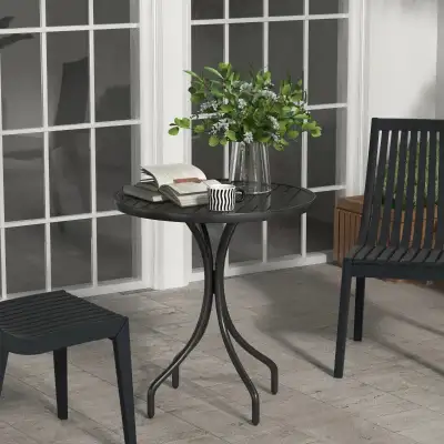 26" Round Patio Table, Outdoor Side Table with Steel Frame and Slat Tabletop for Garden, Balcony, Bl...