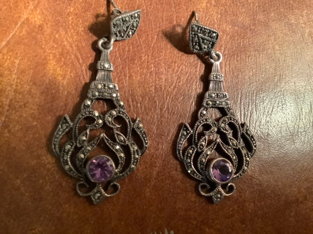Gorgeous Vtg Sterling Silver Amethyst & Marcasite Drop Earrings in Jewellery & Watches in Belleville - Image 2