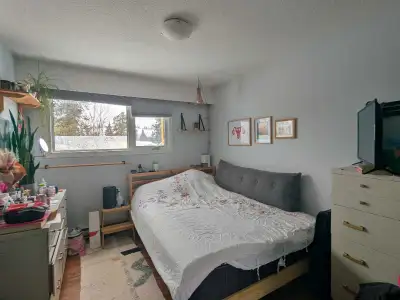 one bedroom for rent in furnished three bedroom upper, one shared bathroom room has bed, desk + dres...