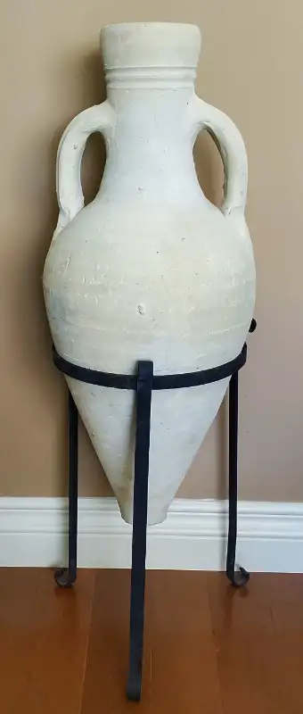 LARGE TERRACOTTA POTTERY URN SUPPORTED BY STURDY METAL TRIPOD, View more