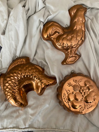Set of 3 Old Dutch Design brass Rooster Chicken, Fish and Fruit