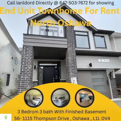 End Unit Townhome For Rent in North Oshawa