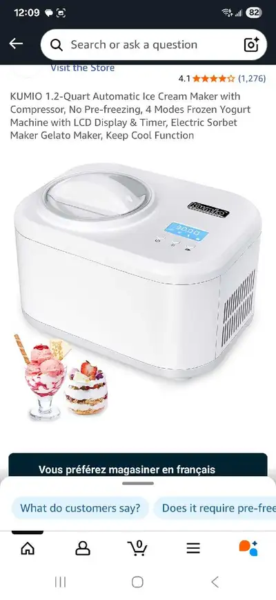 Open box KUMIO 1.2-Quart Automatic Ice Cream Maker with Compressor, No Pre-freezing, 4 Modes Frozen...