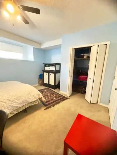 A furnished room is available for rent in the basement of a house near the Crowfoot C-Train station....