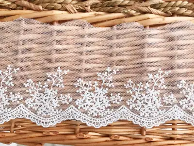 4” x 1 yd Lace Trim White Embroidered Lilac Buds on Mesh Lolita, View more