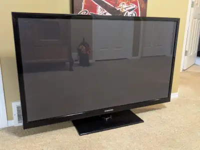 Works great. Comes with remote and stand. One black line occasionally shows up vertically on the TV...