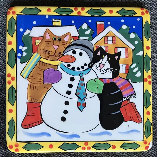 Catzilla Candace Reiter Christmas Cat Snowman Trinket Dish Plate