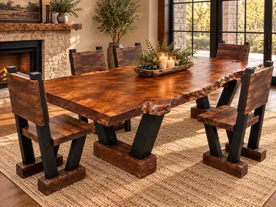 Handcrafted Solid White Oak Live Edge Dining Table + 5 Chairs – , View more
