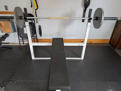 Bench press in good condition. Comes with olympic bar and weights picture. If the ad is up then it's...