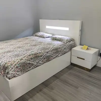 Queen Bed w/ Mattress & Side Table, View more