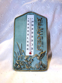 Solid Brass Thermometer Garden Scene with Hummingbird Verdigris