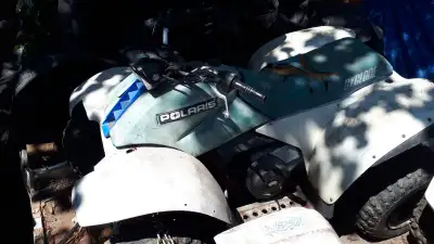 Selling this running Quad , NEEDS : pepcock , some cables , some tires , gas tank , BUT it runs good...