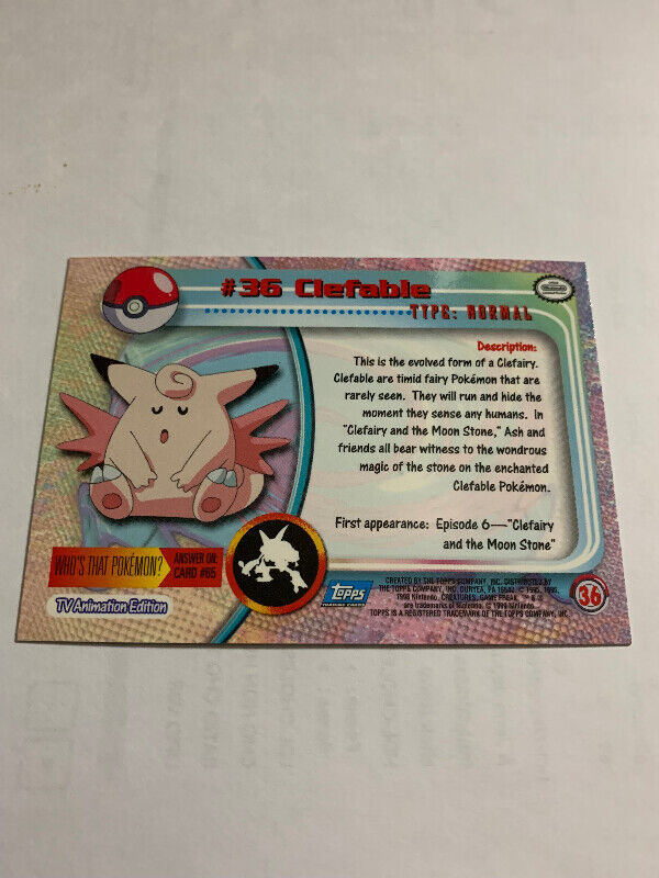 CLEFABLE #36 Pokemon 1999 TOPPS TV Animation Rare Holo Foil NM/M dans Art et objets de collection  à Longueuil/Rive Sud - Image 4