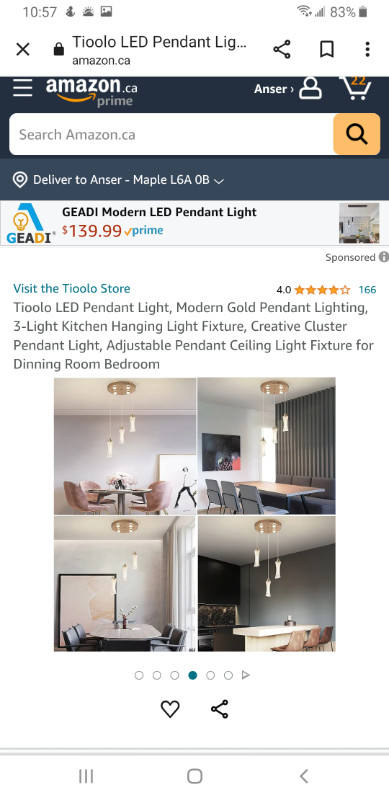 TIOOLO LED 3-LIGHT MODERN HANGING PENDANT LIGHT FIXTURE - GOLD in Indoor Lighting & Fans in Markham / York Region - Image 2