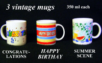 3 Vintage Ceramic Cups Mug Congratulations-Birthday–Summer Scene