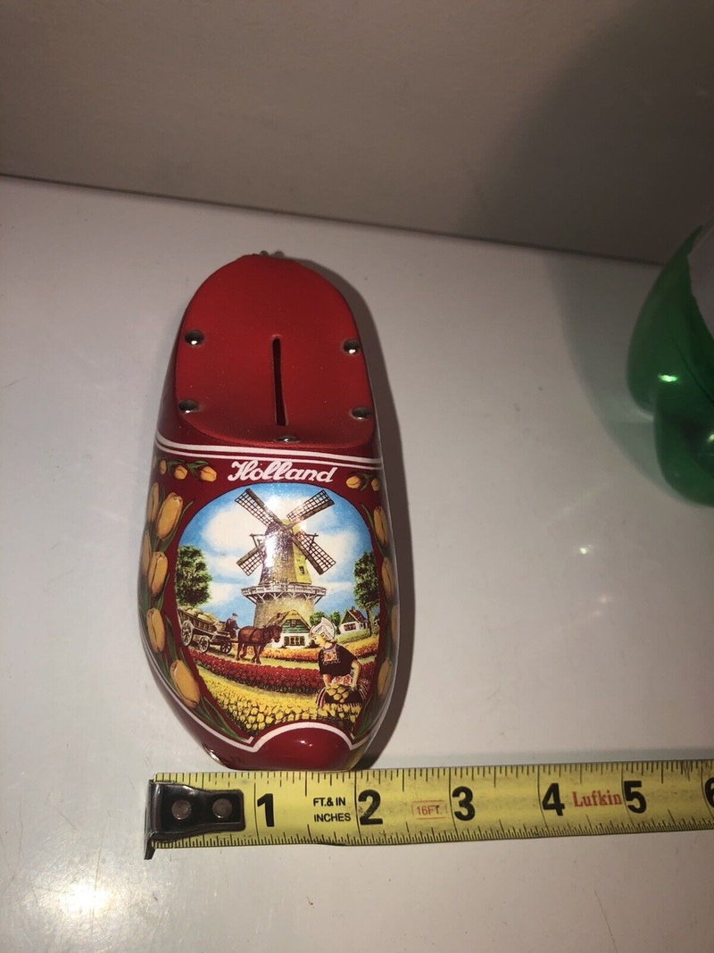 Vintage Holland Wooden Shoe Piggy Bank With Lock & Key Arts