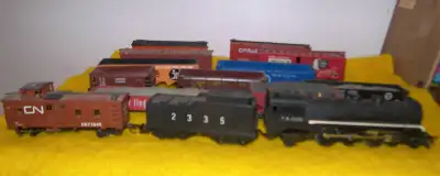 HO Model Railroad Trains Cars Buildings Etc. - All as shown. One T.R. 2335 with 4-6-2 Drive Mountain...