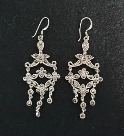 Vintage Victorian Revival Marcasite 925 Silver Chandelier Earrin, View more