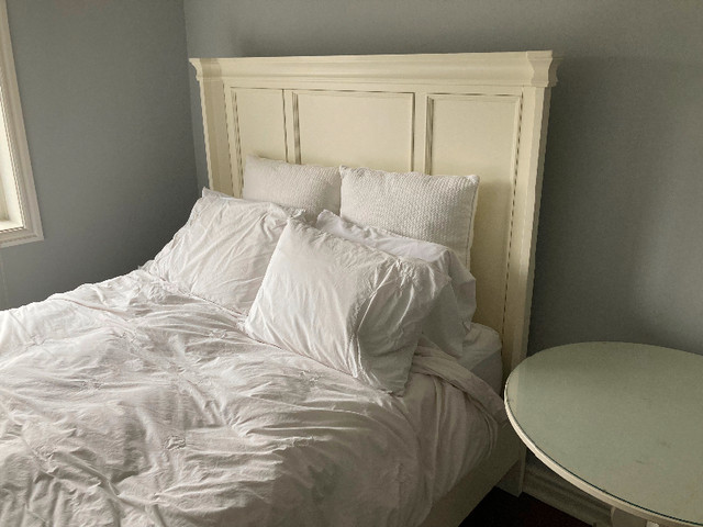 Queen Bed Frame + Mattress + Boxspring + side table in Beds & Mattresses in City of Toronto