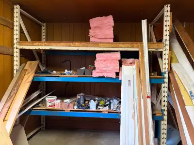 Heavy duty industrial steel shelving. Measures approximately 8 feet 6" tall. 4 feet deep. 8 feet 6"...