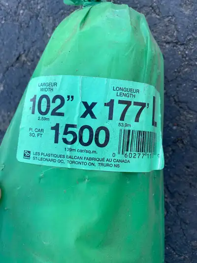 Unopened roll of green polyethylene sheeting. Measures 102” wide x 177’ long (approx. 1,500 sq ft co...