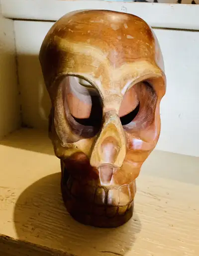 Creepy Halloween Vintage Antique Life-Size Carved Wood Skull, View more