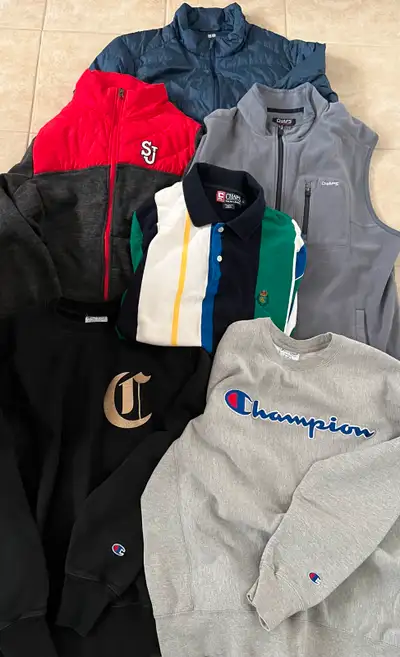 Men’s Size Large Clothing Bundle Lot Sweaters and Jackets Champion, Ralph Lauren, Uniqlo & more Used...