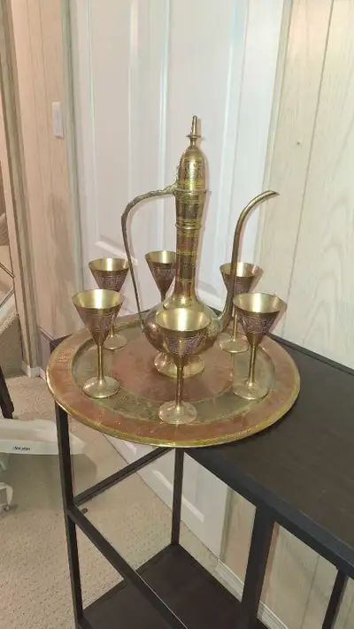 INTRICATE ETCHED BRASS TEA SET, View more