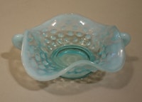 Vintage Fenton Hobnail Blue Opalescent Glass Dish w/ Two Handle