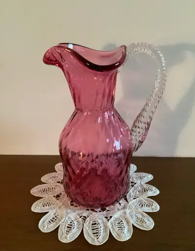 GORGEOUS Cranberry Glass Optic Swirl  Diamond Pattern Pitcher, View more