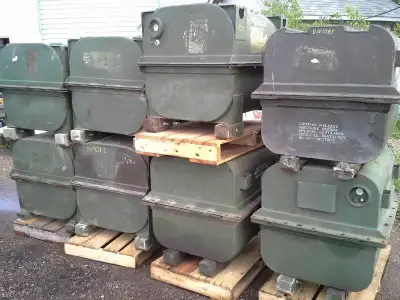 Military surplus transmission storage containers. Heavy steel construction (about 150 pounds each)....
