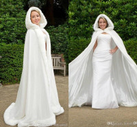 White Hooded Long Wedding Cape Cloak Maxi With Fur Trim -New
