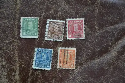 Stamps: Canada George V. 1, 2, 3, 5, 8cents. Scott 217-19, 221-2, View more