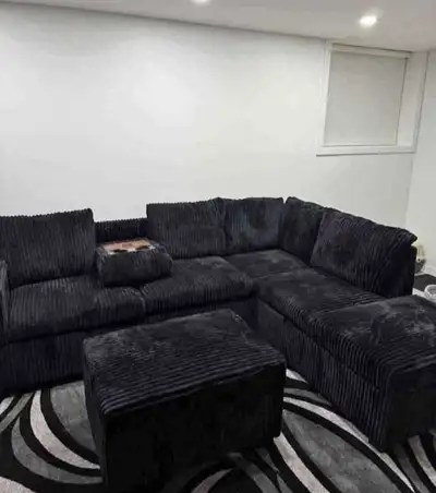 Grey Corduroy Sectional Sofa with Ottoman, View more